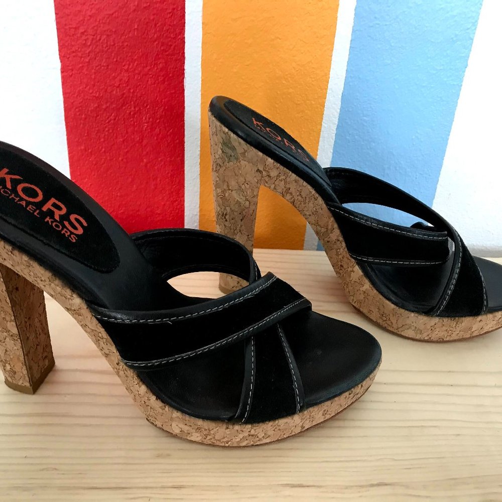 Michael Kors | Black Suede and Cork Slid-in Platfo